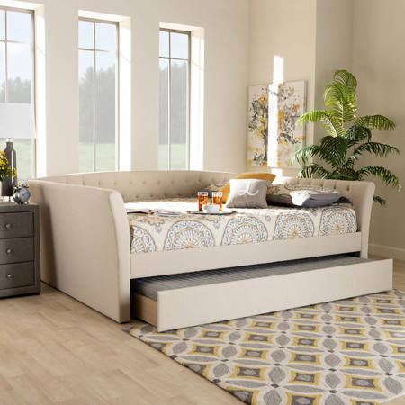 Baxton Studio Delora Beige Upholstered Full Size Daybed with Roll-Out Trundle Bed 158-9664